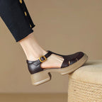 ZOFIA ATELIER dark brown PU leather retro chunky heel sandals with buckle closure and round toe.