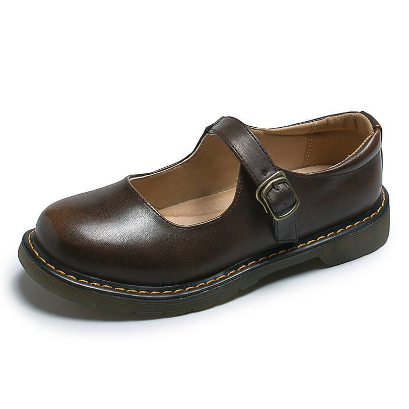 ZOFIA ATELIER dark brown microfiber low-cut flat shoes with buckle closure and rubber sole.