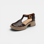 ZOFIA ATELIER dark brown PU leather retro chunky heel T-strap sandals with buckle closure and round toe.