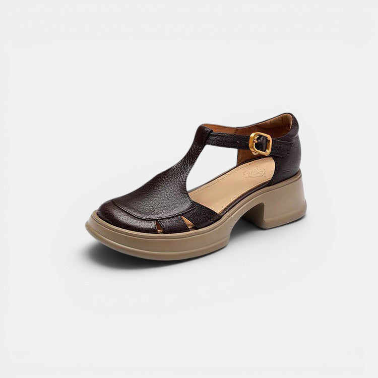 ZOFIA ATELIER dark brown PU leather retro chunky heel T-strap sandals with buckle closure and round toe.