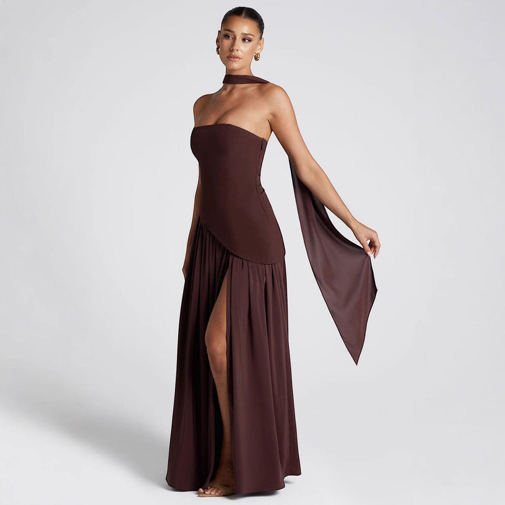 ZOFIA ATELIER dark brown polyester off-the-shoulder tube dress with high slit and draped sleeve detail.