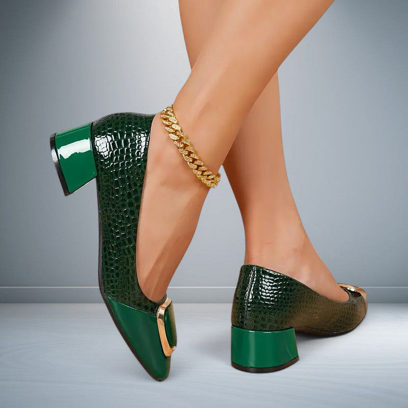 ZOFIA ATELIER dark green croc-embossed square toe chunky heel pumps with gold buckle detail.
