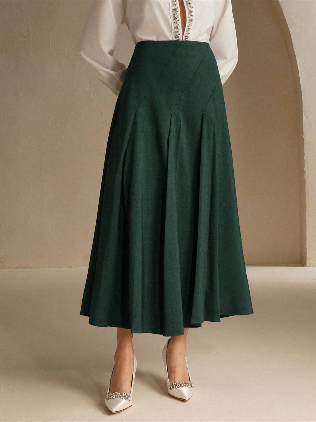 ZOFIA ATELIER dark green polyester mid-length asymmetrical pleated skirt