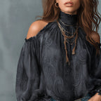 ZOFIA ATELIER dark grey chiffon blouse with retro cashew print, off-shoulder design, and lantern sleeves.