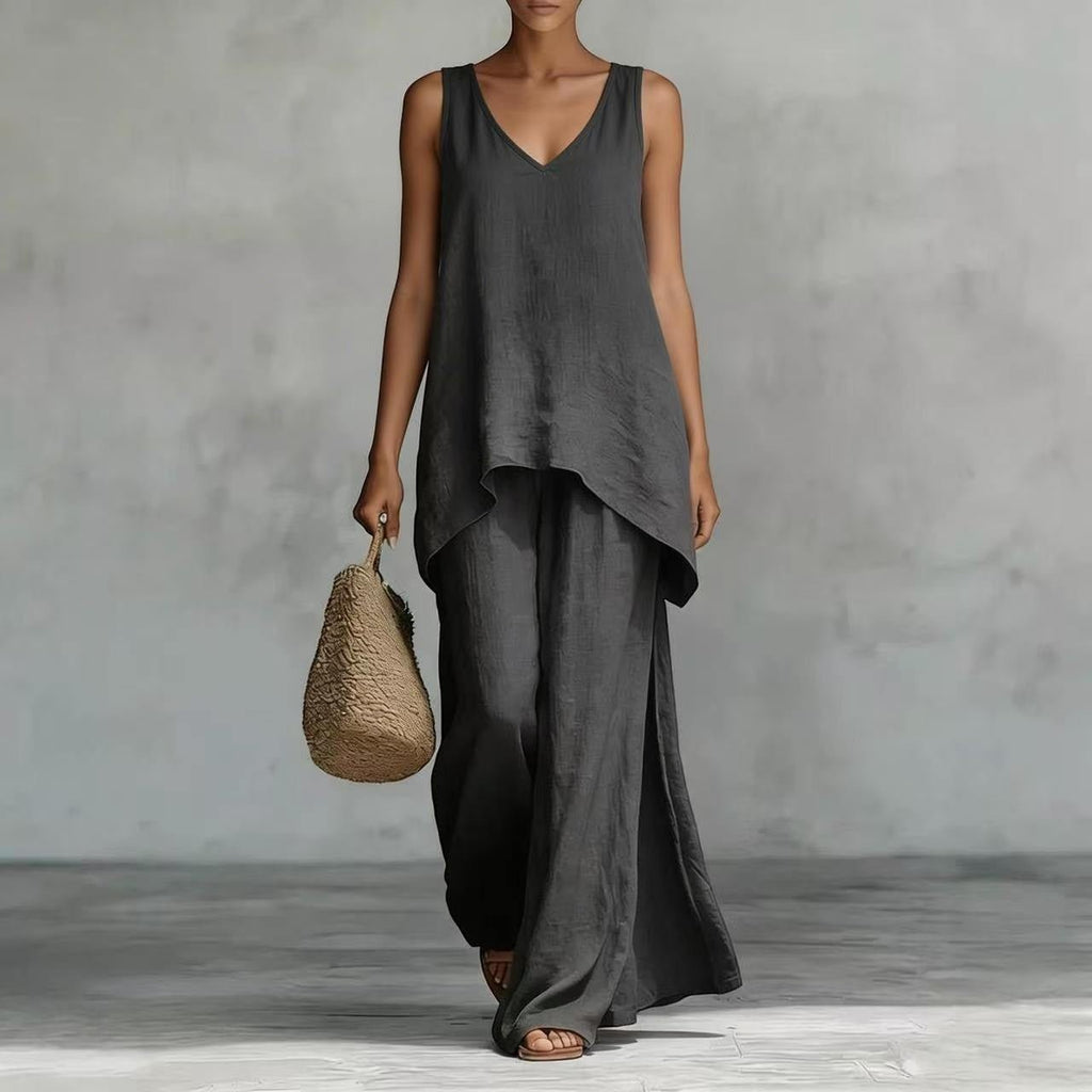 ZOFIA ATELIER dark grey linen-blend V-neck sleeveless vest and wide-leg pants set
