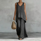 ZOFIA ATELIER dark grey linen-blend V-neck sleeveless vest and wide-leg pants set