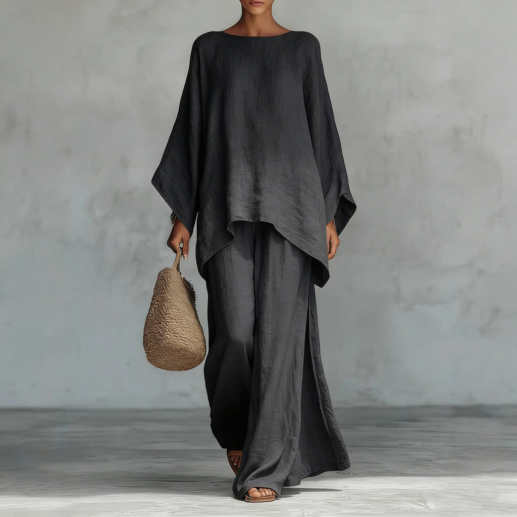 ZOFIA ATELIER dark grey relaxed-fit polyester long sleeve top and full-length pants set with side slits.