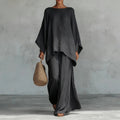 ZOFIA ATELIER dark grey relaxed-fit polyester long sleeve top and full-length pants set with side slits.