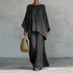 ZOFIA ATELIER dark grey relaxed-fit polyester long sleeve top and full-length pants set with side slits.
