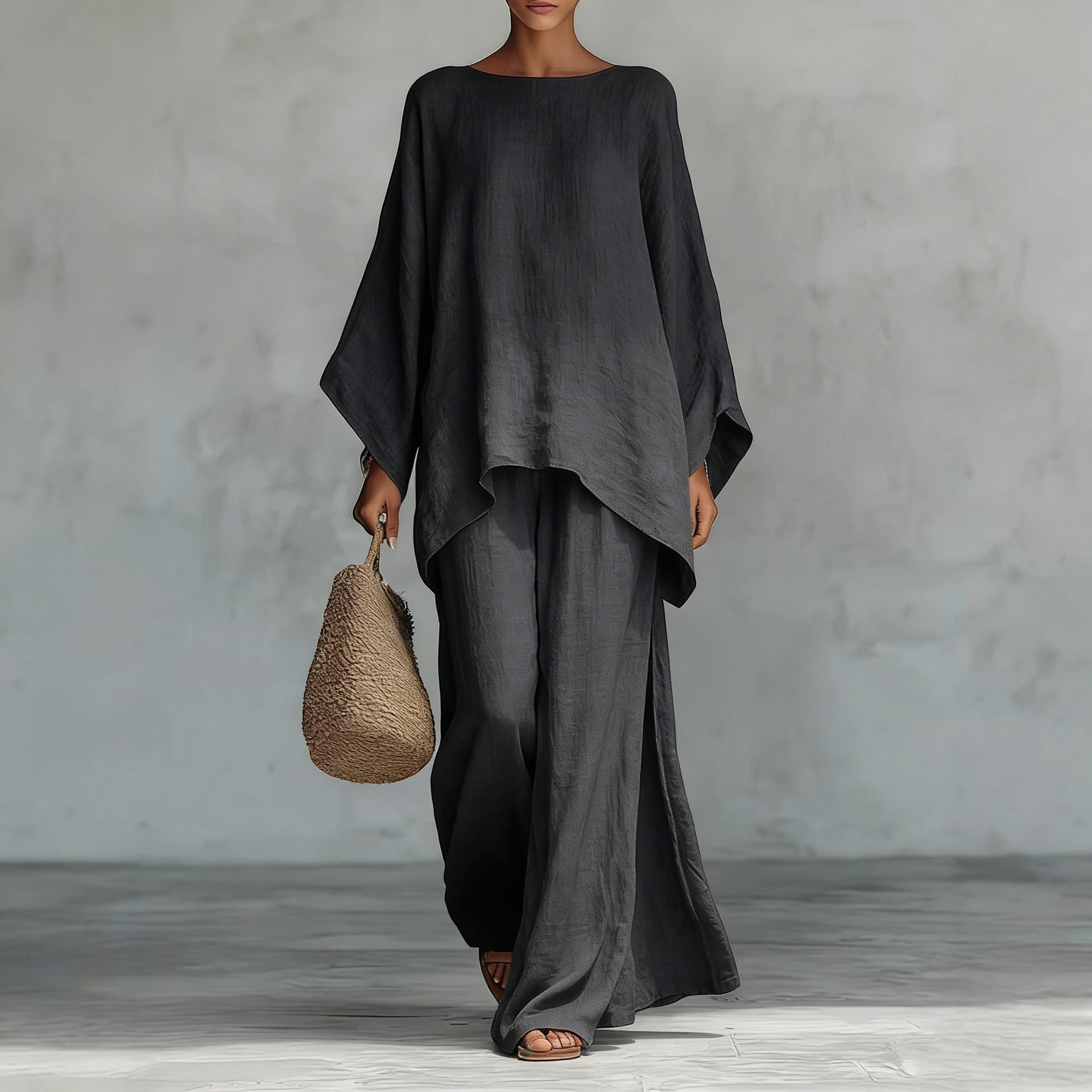 ZOFIA ATELIER dark grey relaxed-fit polyester long sleeve top and full-length pants set with side slits.