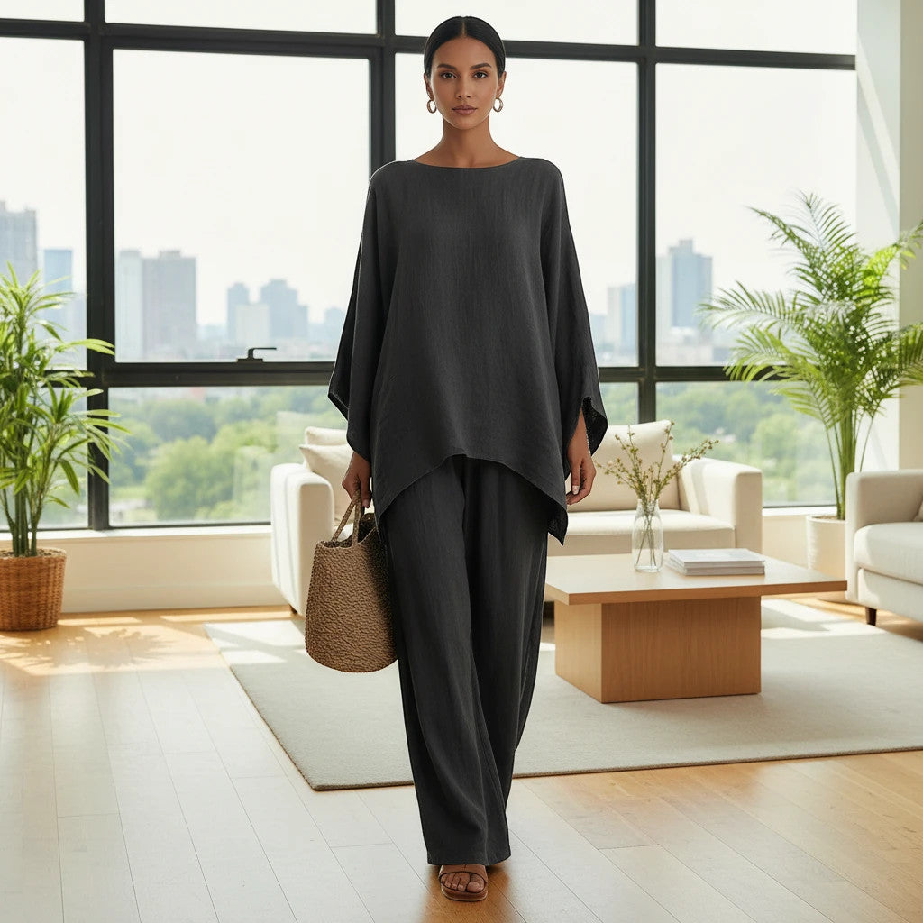 ZOFIA ATELIER dark grey relaxed-fit polyester long sleeve top and full-length pants set.