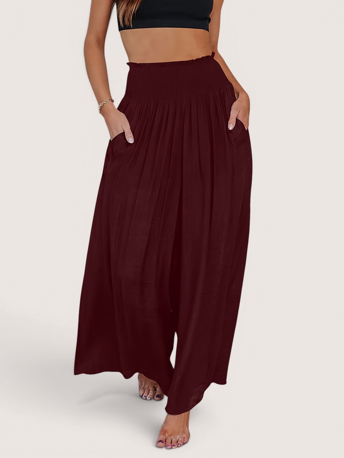ZOFIA ATELIER dark red polyester smocking waist casual trousers with pockets