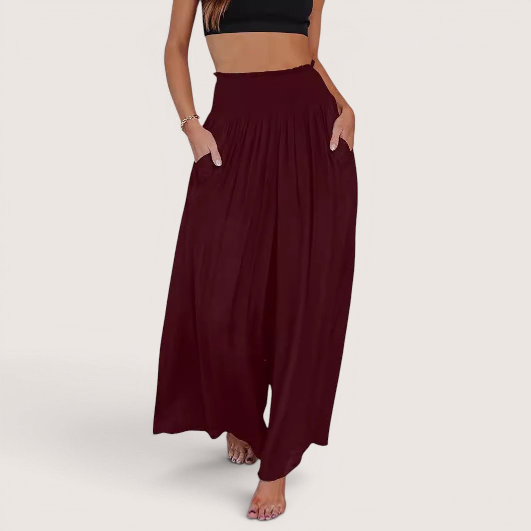 ZOFIA ATELIER dark red polyester casual smocking trousers with elastic waist and pockets