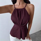 ZOFIA ATELIER deep red halter neck sleeveless polyester blouse with waist tie and open back detail