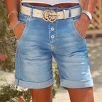 ZOFIA ATELIER light blue denim cropped shorts with rolled cuffs and button fly, high-waisted.
