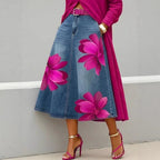 ZOFIA ATELIER blue denim-style midi skirt with large pink floral print, A-line, polyester