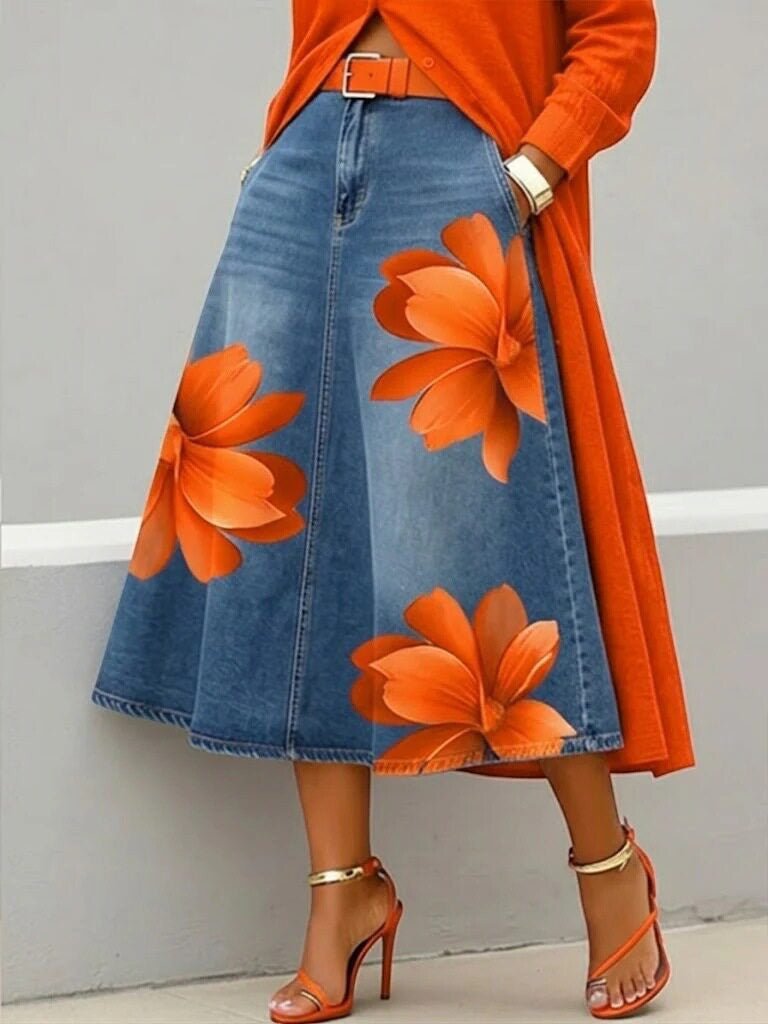 ZOFIA ATELIER blue denim-style midi skirt with large orange floral print, A-line fit, polyester