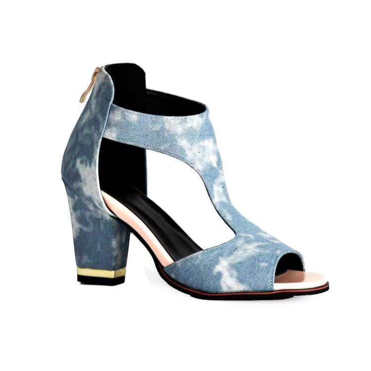 ZOFIA ATELIER light blue denim platform sandals with back zipper and fish mouth toe.