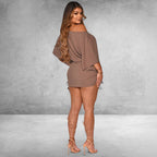 ZOFIA ATELIER taupe dolman sleeve smocked mini dress with drawstring detail and off-the-shoulder neckline