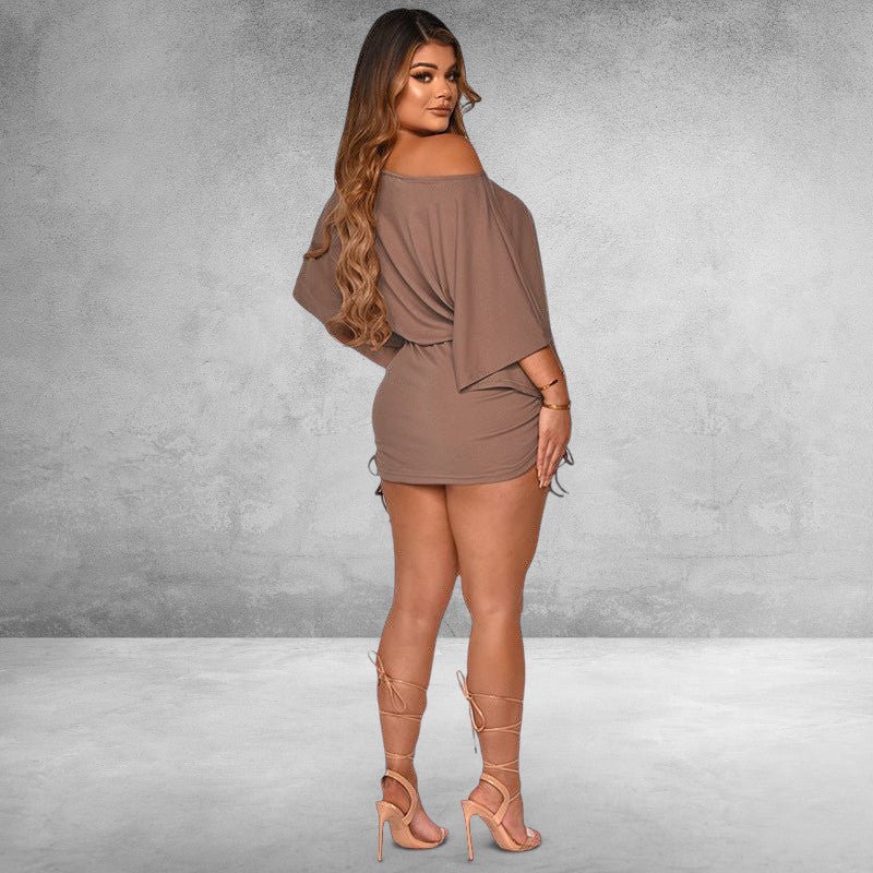 ZOFIA ATELIER taupe dolman sleeve smocked mini dress with drawstring detail and off-the-shoulder neckline