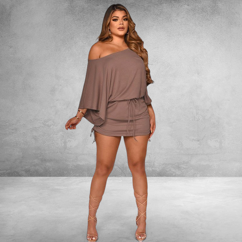 ZOFIA ATELIER taupe dolman sleeve smocked mini dress with drawstring waist and ruched sides, made of milk silk.