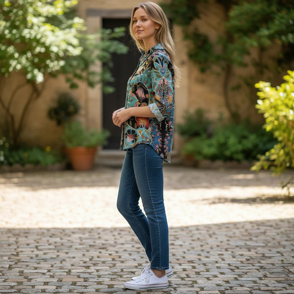 ZOFIA ATELIER Dominika floral print shirt with 3/4 sleeves, made of polyester linen blend.