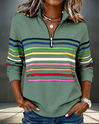 ZOFIA ATELIER Dominika green polyester blend half-zip pullover hoodie with colorful horizontal stripes.
