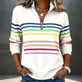 ZOFIA ATELIER Dominika white polyester blend half-zip pullover hoodie with rainbow stripes and a stand-up collar.