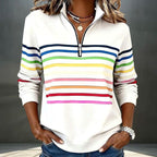 ZOFIA ATELIER Dominika white polyester blend half-zip pullover hoodie with rainbow stripes and a stand-up collar.