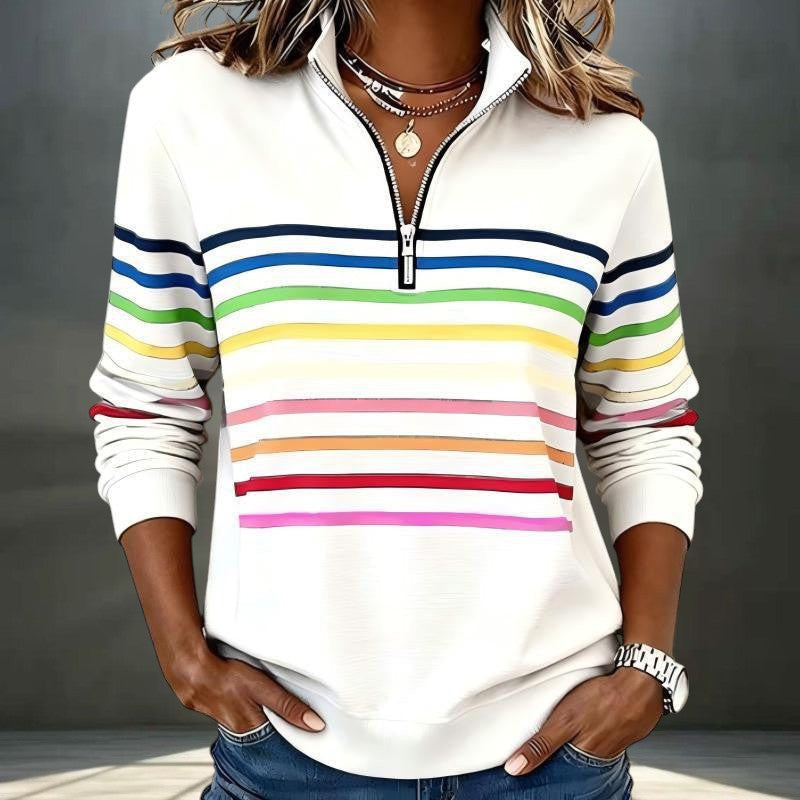 ZOFIA ATELIER Dominika white polyester blend half-zip pullover hoodie with rainbow stripes and a stand-up collar.