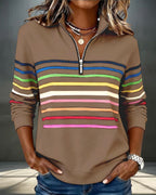 ZOFIA ATELIER Dominika brown polyester blend half-zip pullover hoodie with rainbow stripes on sleeves and chest.