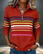 ZOFIA ATELIER Dominika red polyester blend half-zip pullover hoodie with colorful horizontal stripes.