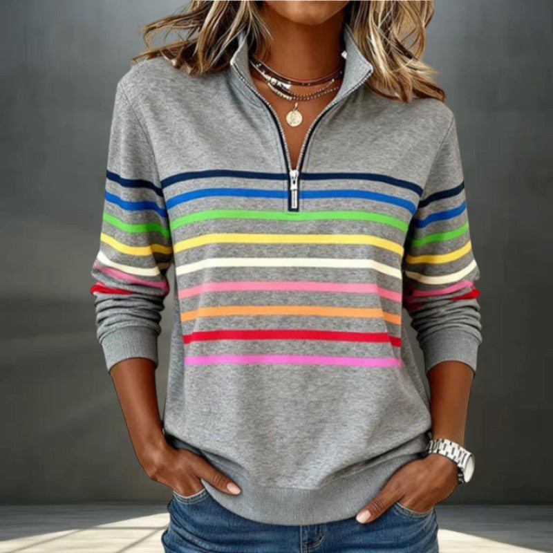 ZOFIA ATELIER Dominika grey polyester blend half-zip pullover hoodie with rainbow stripes.