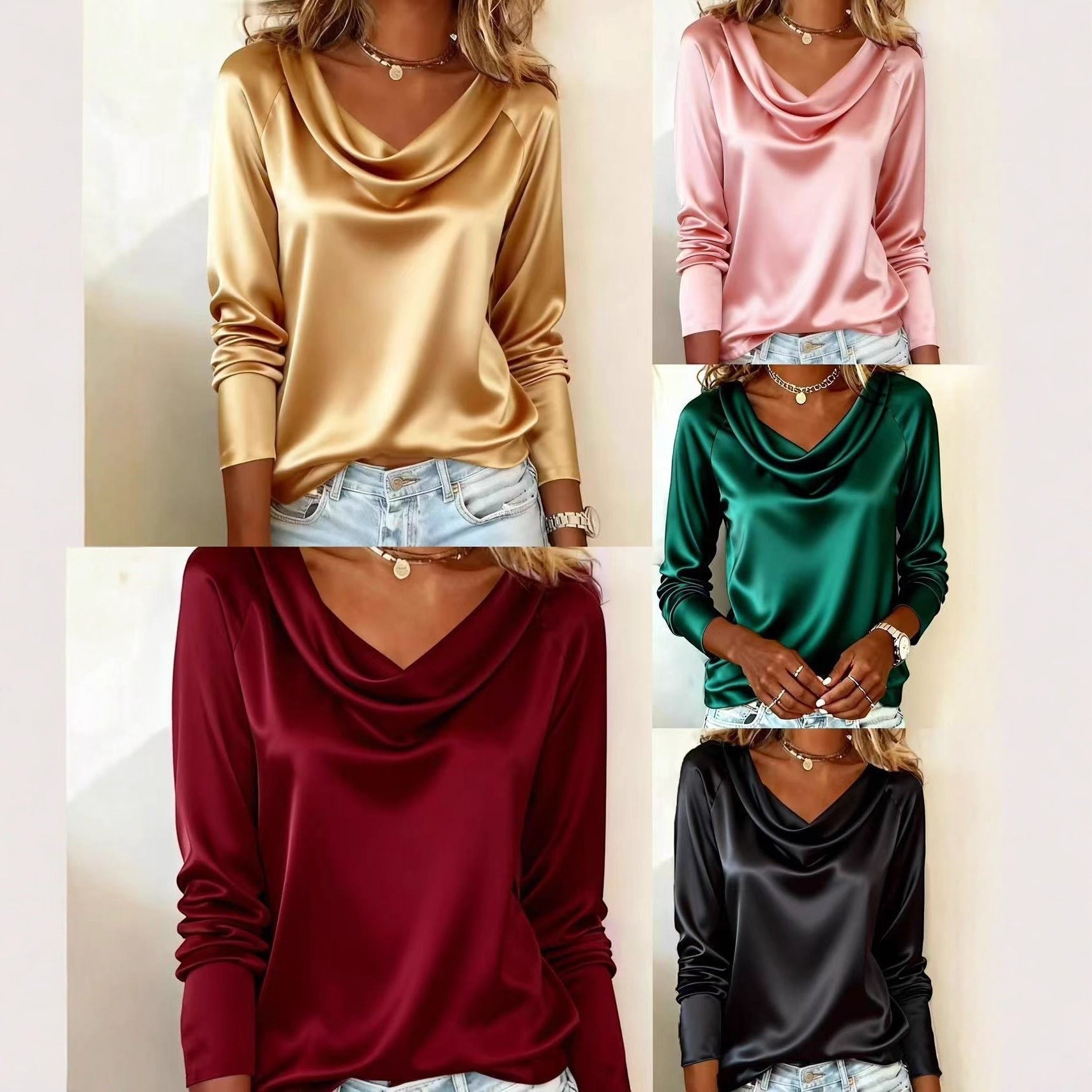 ZOFIA ATELIER draped boat neck long sleeve satin top in gold, pink, green, burgundy, and black.