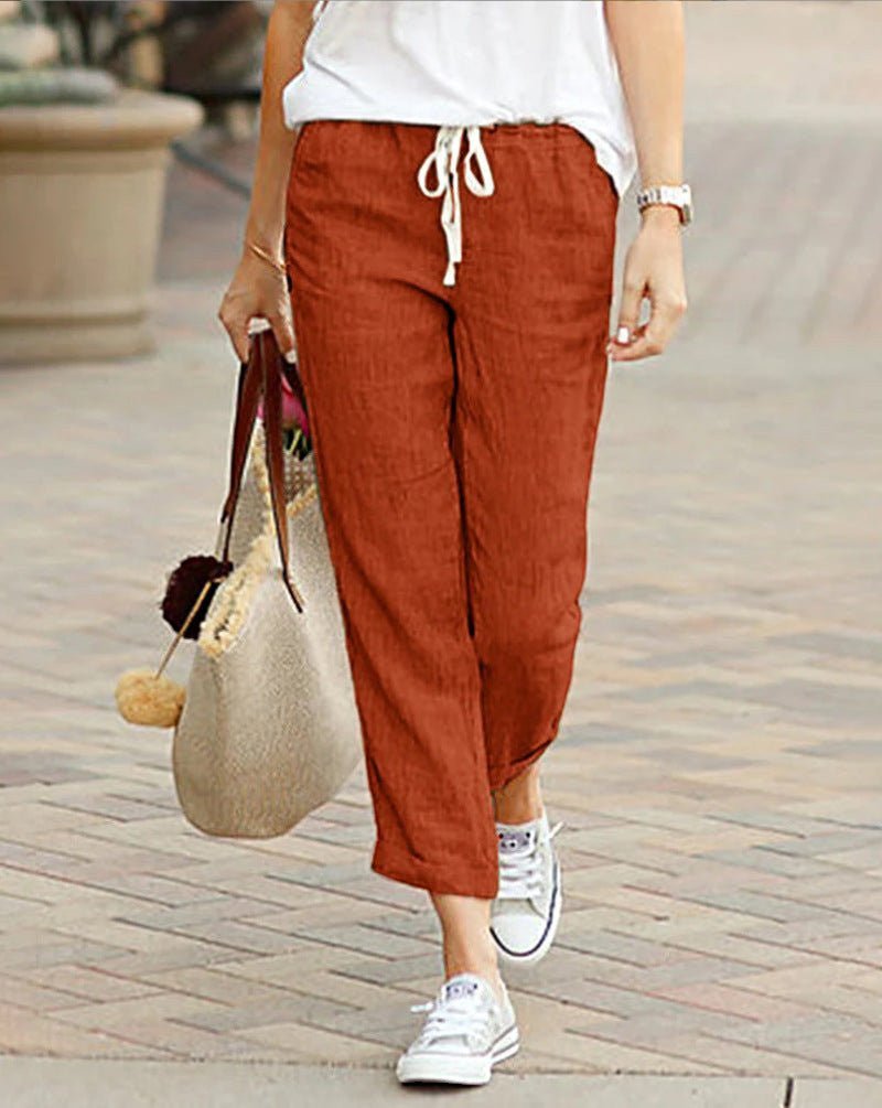 ZOFIA ATELIER terracotta cotton-linen blend drawstring pants with elastic waist and cropped leg.