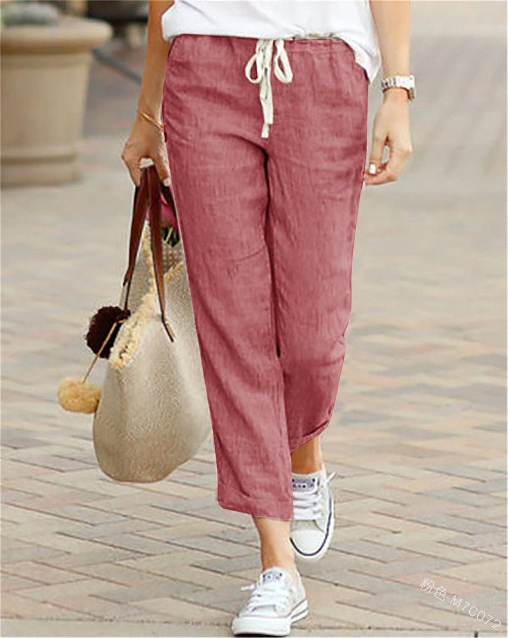 ZOFIA ATELIER dusty rose cotton-linen blend drawstring pants with a relaxed fit and cropped leg.