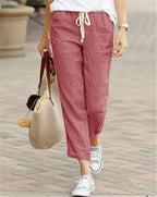 ZOFIA ATELIER dusty rose cotton-linen blend drawstring pants with a relaxed fit and cropped leg.