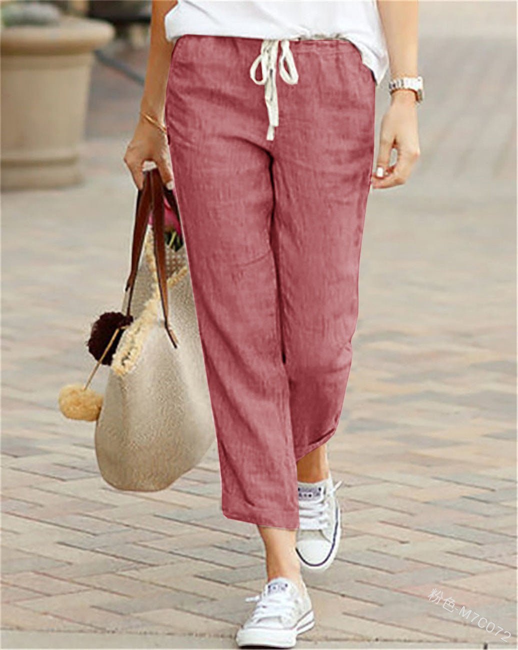 ZOFIA ATELIER dusty rose cotton-linen blend drawstring pants with a relaxed fit and cropped leg.