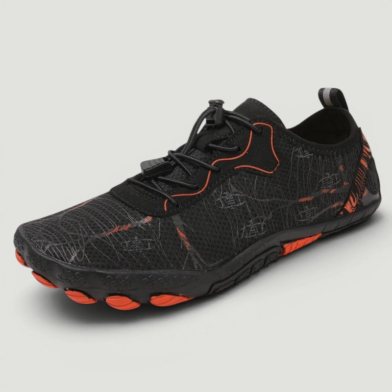 ZOFIA ATELIER EDYTA outdoor five-finger shoes in black with orange accents, breathable mesh upper, EVA midsole, and non-slip rubber outsole.