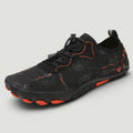 ZOFIA ATELIER EDYTA outdoor five-finger shoes in black with orange accents, breathable mesh upper, EVA midsole, and non-slip rubber outsole.