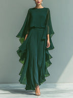 ZOFIA ATELIER Elena green chiffon two-piece pant suit with ruffle edge detailing and wide-leg pants.