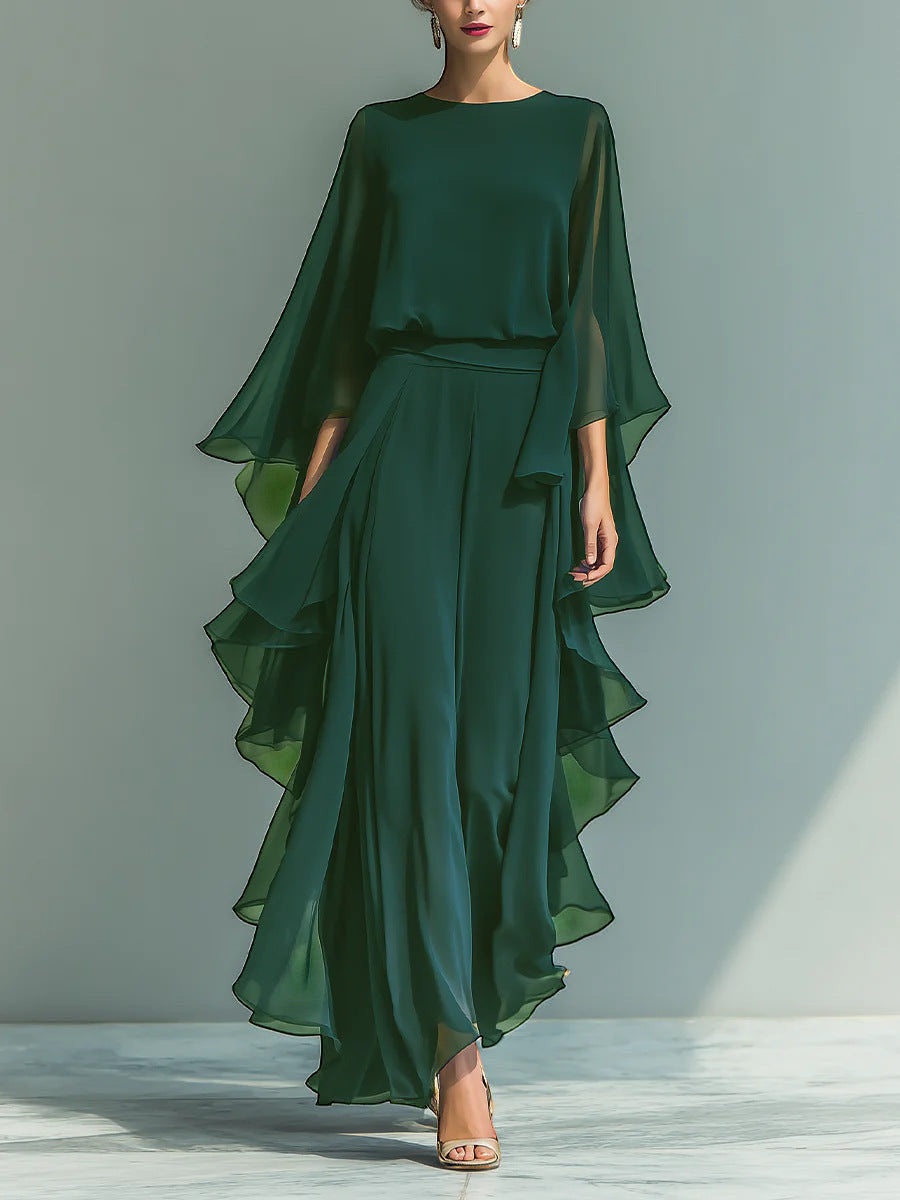 ZOFIA ATELIER Elena green chiffon two-piece pant suit with ruffle edge detailing and wide-leg pants.