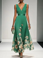 ZOFIA ATELIER sleeveless V-neck emerald green chiffon gown with floral print and high waist