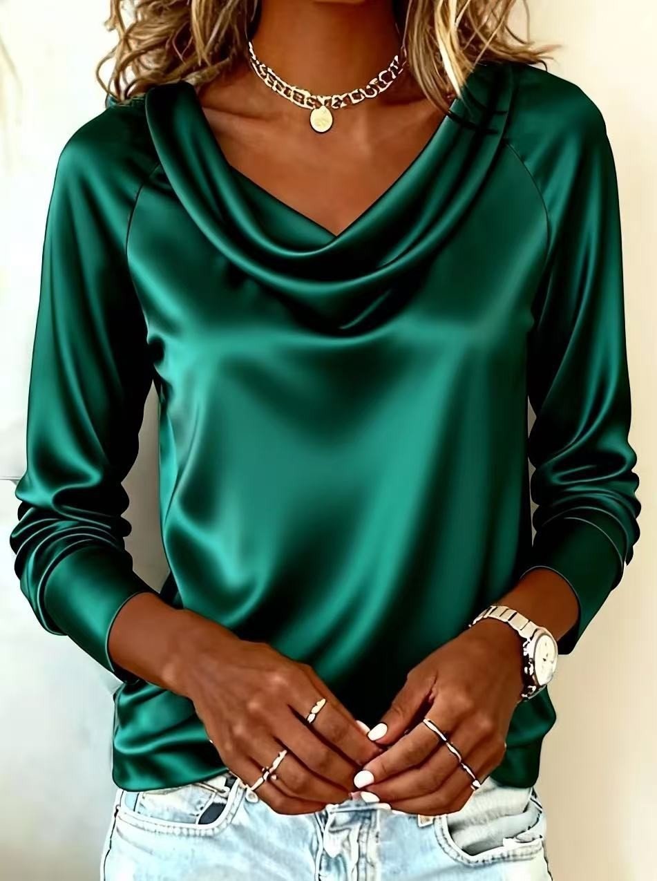 ZOFIA ATELIER Agnieszka draped boat neck top in emerald green satin with long sleeves.