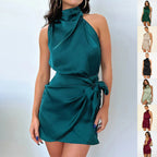 ZOFIA ATELIER emerald green satin halter neck mini dress with tie waist detail