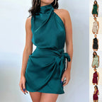 ZOFIA ATELIER emerald green satin halter neck mini dress with tie waist detail