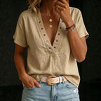 ZOFIA ATELIER EWA casual V-neck blouse in beige ramie fabric with grommet detail and short sleeves.