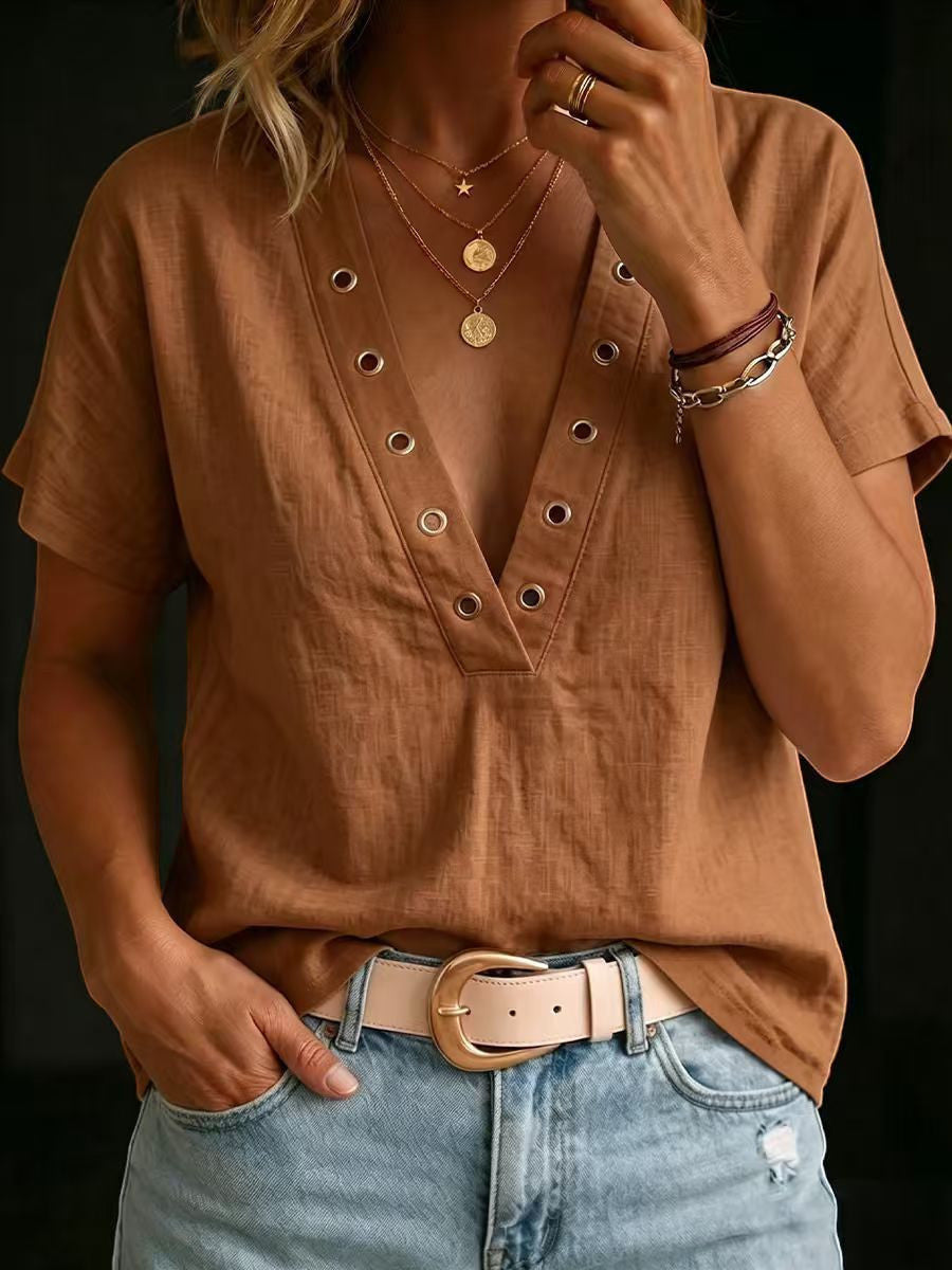 ZOFIA ATELIER EWA casual brown ramie v-neck blouse with grommet detail and short sleeves