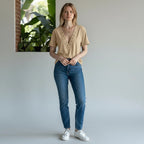 ZOFIA ATELIER EWA casual tan ramie V-neck short sleeve blouse with grommet detail