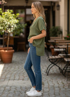 ZOFIA ATELIER EWA casual green ramie V-neck short sleeve blouse with eyelet detail